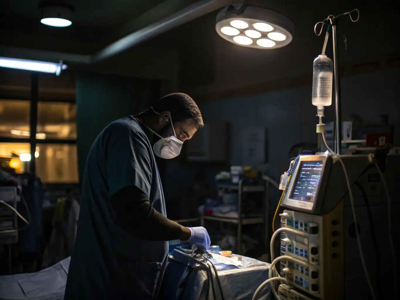 A photograph of Omedx technicians performing maintenance on a generator set at a hospital, emphasizing the specialized technical support provided.