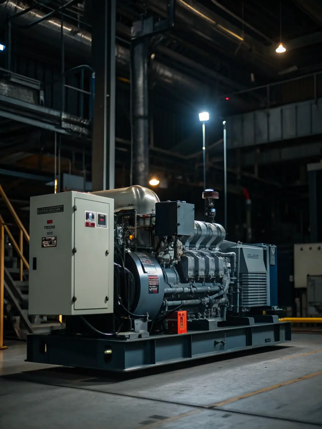 A high-resolution photograph of an Omedx generator set, highlighting its robust construction and compliance labels, set against a clean, well-lit background to emphasize its reliability for medical facilities.